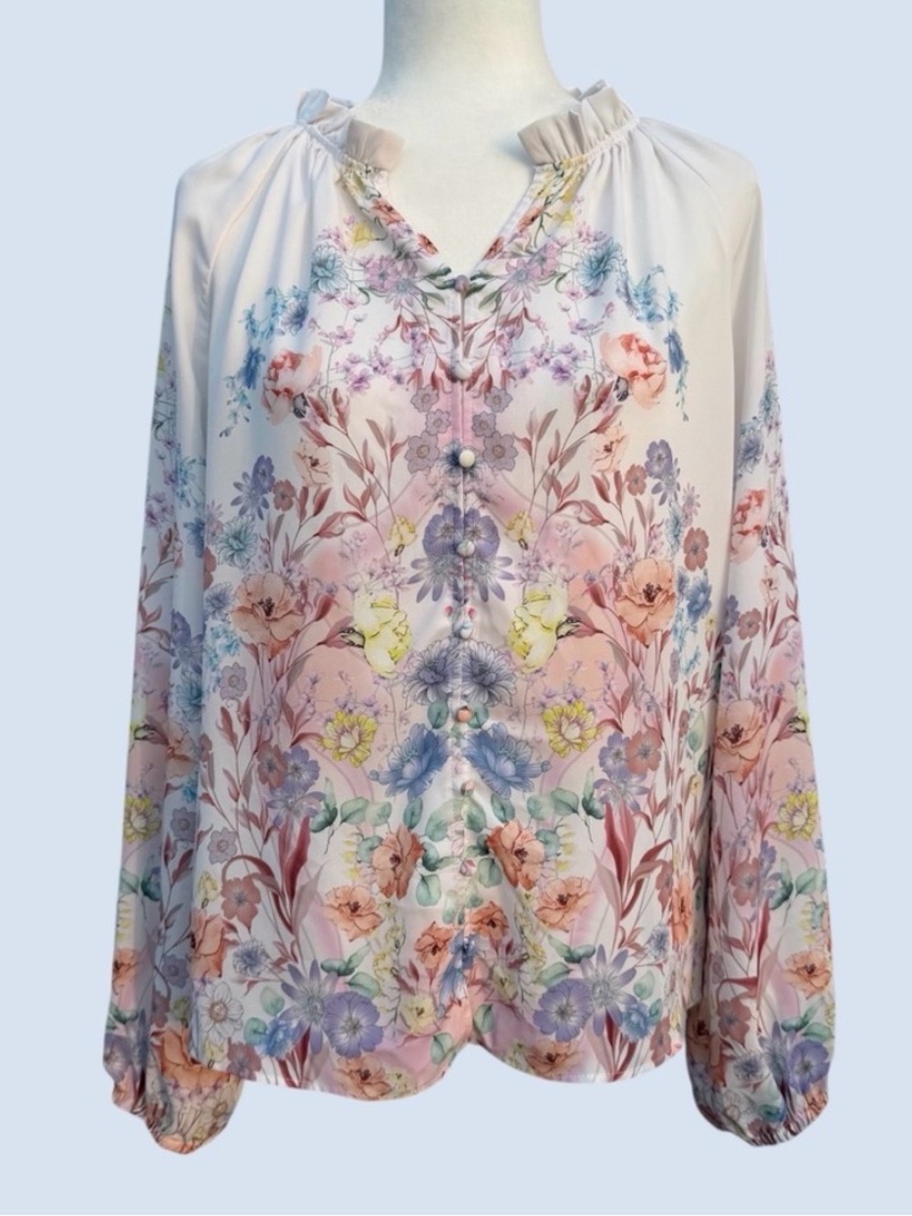 White Floral Long-Sleeve Ruffled Collar Button Front Peasant Blouse ~ L or XL